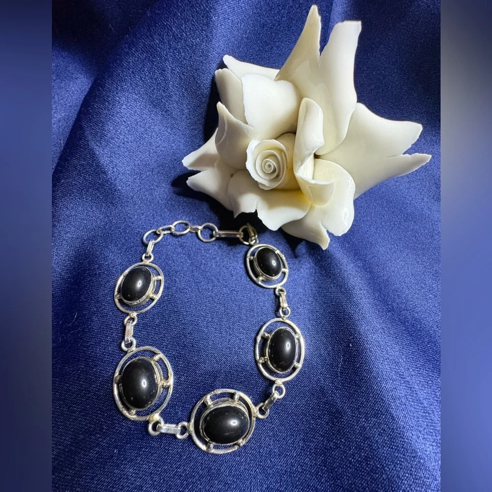 Bracelet 925 Sterling Silver Cabochon Black Onyx Gemstones Large Link Hook Clasp